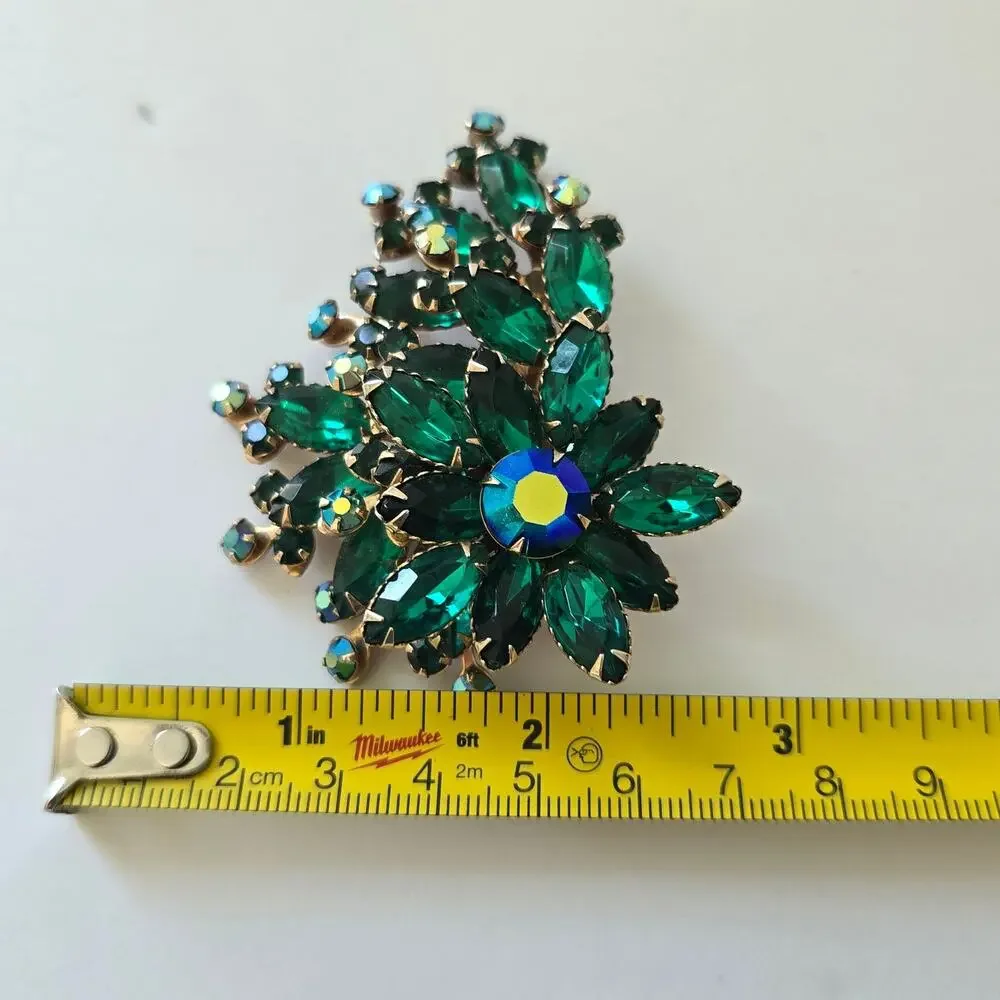Vintage Brooch Emerald Green Aurora Borealis Rhinestone Floral Mid Century Glam